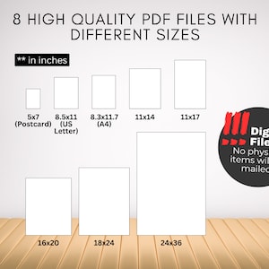 Puede incluir: Imagen que muestra 8 archivos PDF de alta calidad con diferentes tama&ntilde;os, incluyendo 5x7, 8.5x11, 8.3x11.7 (A4), 11x14, 11x17, 16x20, 18x24 y 24x36 pulgadas. El texto indica que son archivos digitales, sin env&iacute;o de art&iacute;culos f&iacute;sicos.