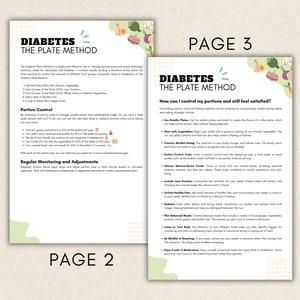 Puede incluir: Documento de dos p&aacute;ginas titulado "DIABETES EL M&Eacute;TODO DEL PLATO" con texto y gr&aacute;ficos. La p&aacute;gina 2 detalla el control de porciones y los ajustes. La p&aacute;gina 3 pregunta: "&iquest;C&oacute;mo puedo controlar mis porciones y sentirme satisfecho?" Las p&aacute;ginas tienen un fondo claro con ilustraciones coloridas.