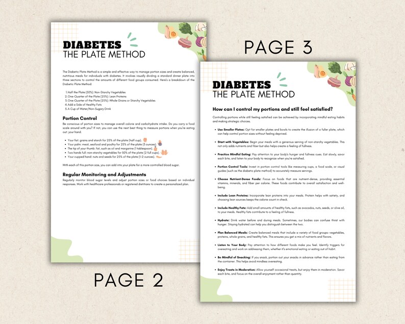 Puede incluir: Documento de dos p&aacute;ginas titulado "DIABETES EL M&Eacute;TODO DEL PLATO" con texto y gr&aacute;ficos. La p&aacute;gina 2 detalla el control de porciones y los ajustes. La p&aacute;gina 3 pregunta: "&iquest;C&oacute;mo puedo controlar mis porciones y sentirme satisfecho?" Las p&aacute;ginas tienen un fondo claro con ilustraciones coloridas.