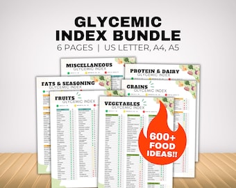 Glycemic Index Chart Diabetic Food List Bundle, GI List with Low Carb or Low Sugar Guide for Carb Counting, Type 2 Diabetes Meal Plan