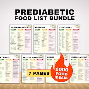 Peut inclure: Un ensemble de sept pages de listes d'aliments pour les prédiabétiques, avec des catégories telles que les glucides, les protéines, les légumes, les graisses et huiles, les sucreries et assaisonnements, les fruits et divers. Le texte "1000 FOOD IDEAS!!" est inclus.