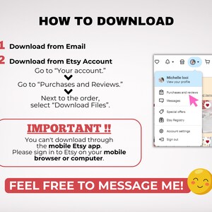 Pu&ograve; includere: Una grafica rossa e bianca con istruzioni su come scaricare file digitali da Etsy. La grafica include uno screenshot dell'app Etsy che mostra l'opzione "Acquisti e recensioni". Il testo dice "Come scaricare", "Scarica dalla email", "Scarica dall'account Etsy", "Vai a "Il tuo account."", "Vai a "Acquisti e recensioni."", "Accanto all'ordine, seleziona "Scarica file".", "IMPORTANTE!!", "Non puoi scaricare tramite l'app Etsy mobile.", "Accedi a Etsy sul tuo browser mobile o computer.", e "SENTITI LIBERO DI INVIARMI UN MESSAGGIO!"