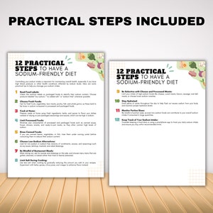 Puede incluir: Dos gr&aacute;ficos coloridos con 12 pasos pr&aacute;cticos para tener una dieta baja en sodio. Los gr&aacute;ficos est&aacute;n sobre una superficie de madera. El primer gr&aacute;fico enumera pasos como leer las etiquetas de los alimentos, elegir alimentos frescos, cocinar en casa, limitar los alimentos procesados y elegir alternativas bajas en sodio. El segundo gr&aacute;fico enumera pasos como ser selectivo con el queso y las carnes procesadas, mantenerse hidratado, controlar el tama&ntilde;o de las porciones y hacer un seguimiento de la ingesta de sodio.