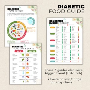 May include: Three printable guides for managing diabetes. The first guide shows a plate divided into sections for vegetables, carbohydrates, and protein. The second guide lists foods to eat and avoid for diabetes management. The third guide is a glycemic index food list with foods categorized by their glycemic index.