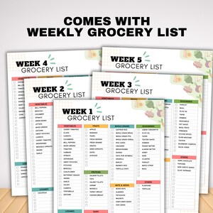 May include: Five printable grocery list templates, each with a different color scheme and a different week number. The lists are organized by category, including vegetables, fruits, whole grains, seasonings, proteins, nuts & seeds, and others. The lists are designed to help people plan their weekly grocery shopping.