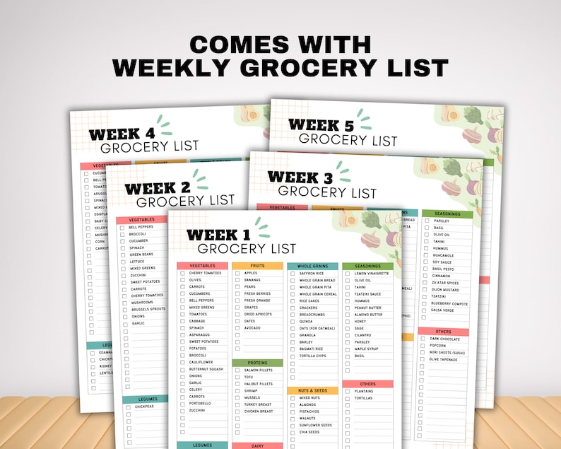 May include: Five printable grocery list templates, each with a different color scheme and a different week number. The lists are organized by category, including vegetables, fruits, whole grains, seasonings, proteins, nuts & seeds, and others. The lists are designed to help people plan their weekly grocery shopping.