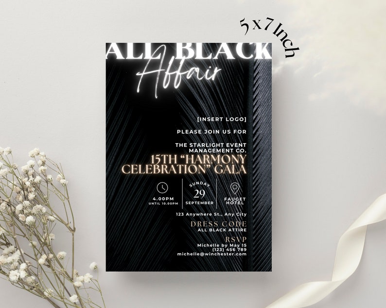 May include: Black and gold invitation for a 15th "Harmony Celebration" Gala. The event is on Sunday, September 29th at the Fauget Hotel. The dress code is all black attire. The invitation is 5x7 inches.