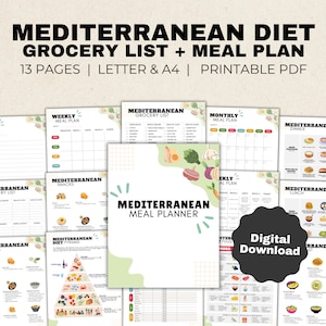 Mediterranean Diet Meal Plan and Grocery List, Heart Healthy Food List with Recipes for High Blood Pressure Diabetic Weightloss