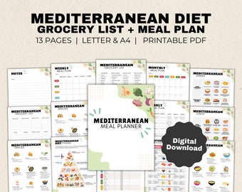 Puede incluir: Un planificador de comidas mediterráneo imprimible de 13 páginas, que incluye listas de la compra, planes de comidas semanales y mensuales, y una pirámide alimentaria. El planificador está disponible para descargar digitalmente.