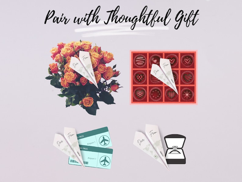 May include: A bouquet of orange roses with a paper airplane note that says "Dear From" on top of a light gray background.  There are three other images of gifts with paper airplanes on top of them: a box of chocolates, two airline tickets, and a ring in a box.