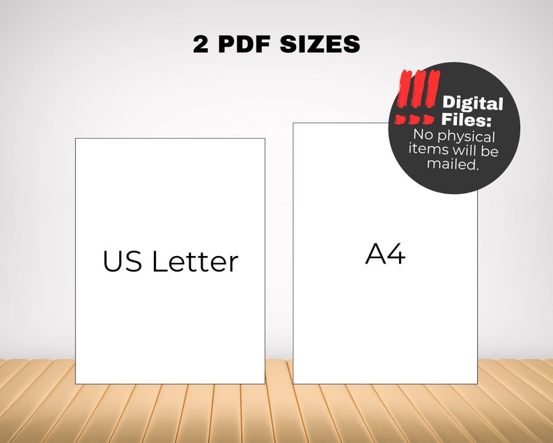 Pu&ograve; includere: Due quadrati bianchi con testo su una superficie di legno. Il testo sul quadrato a sinistra dice "US Letter". Il testo sul quadrato a destra dice "A4". Un cerchio nero con testo rosso dice "File digitali: Nessun articolo fisico verr&agrave; spedito."