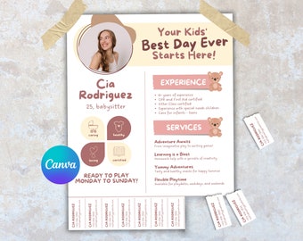 May include: A pink and beige flyer with a photo of a young woman smiling. The flyer advertises babysitting services with the text "Your Kids' Best Day Ever Starts Here!" and "Ready to Play Monday to Sunday!"