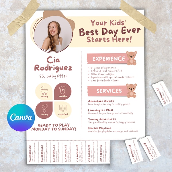 Editable Babysitter Flyer and Nanny Resume, Childcare Home Daycare Preschool Kid Caretaker Nanny Service Flyer,Babysitting Business for Hire