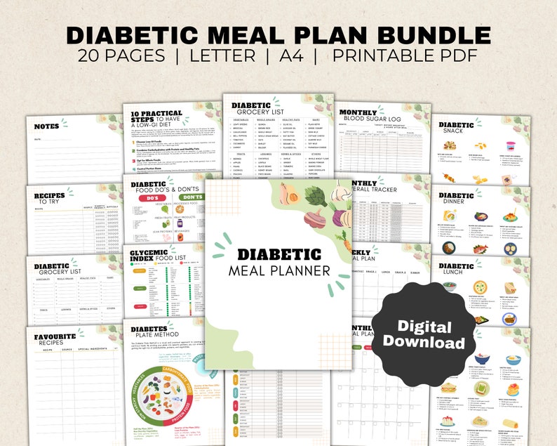 May include: A printable digital bundle of 20 pages of meal planning resources for people with diabetes. The bundle includes a grocery list, recipes to try, a blood sugar log, a meal planner, and more. The pages are decorated with colorful illustrations of fruits and vegetables.