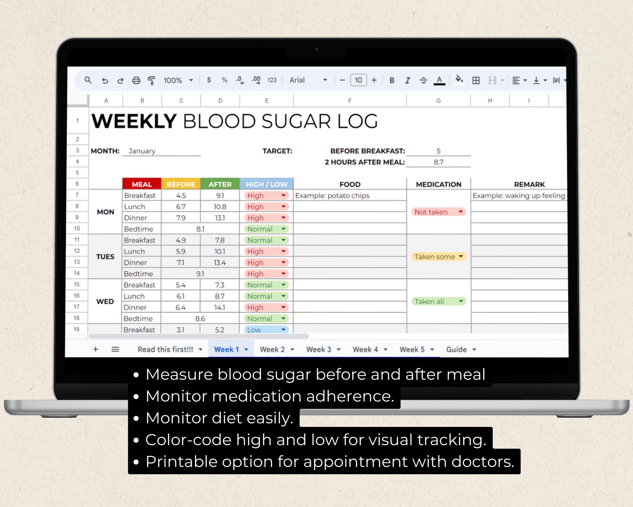 Blood Sugar Log Google Sheets & Digital Diabetic Blood Sugar Tracker