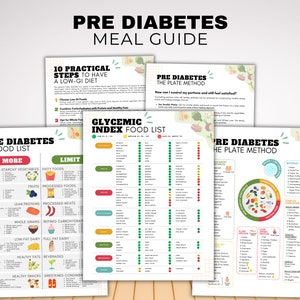 K&ouml;nnte beinhalten: Eine Sammlung von gedruckten Ratgebern mit dem Titel "Pre Diabetes Meal Guide". Die Ratgeber enthalten Informationen &uuml;ber Low-GI-Di&auml;ten, Lebensmittellisten und Portionskontrolle. Die Ratgeber enthalten farbenfrohe Grafiken und Texte mit Titeln wie "10 praktische Schritte f&uuml;r eine Low-GI-Di&auml;t".
