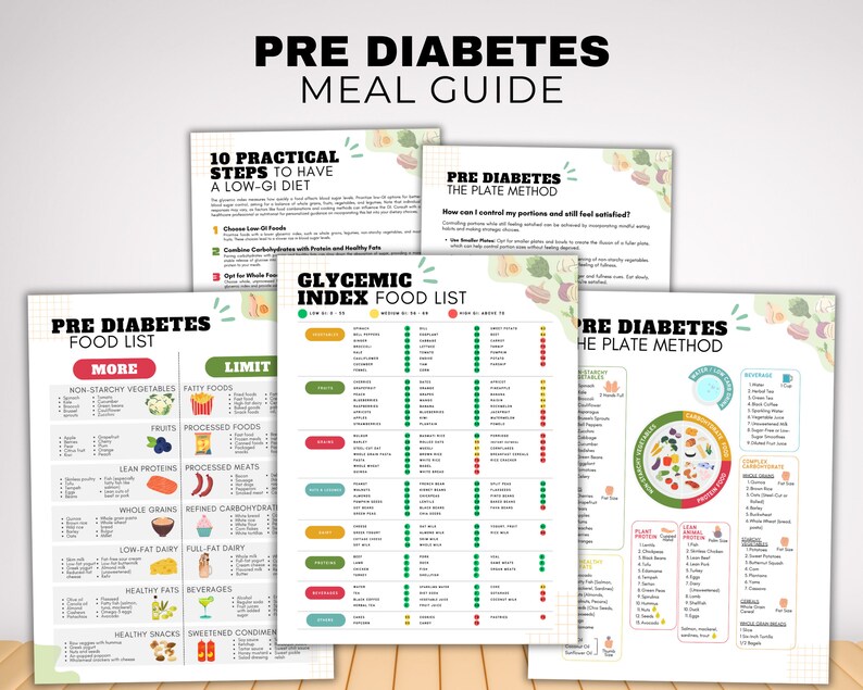 K&ouml;nnte beinhalten: Eine Sammlung von gedruckten Ratgebern mit dem Titel "Pre Diabetes Meal Guide". Die Ratgeber enthalten Informationen &uuml;ber Low-GI-Di&auml;ten, Lebensmittellisten und Portionskontrolle. Die Ratgeber enthalten farbenfrohe Grafiken und Texte mit Titeln wie "10 praktische Schritte f&uuml;r eine Low-GI-Di&auml;t".