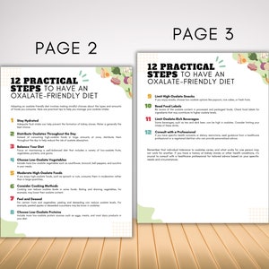 May include: A green and white illustrated guide with the title "12 Practical Steps to Have an Oxalate-Friendly Diet". The guide lists 12 steps to help manage oxalate intake.
