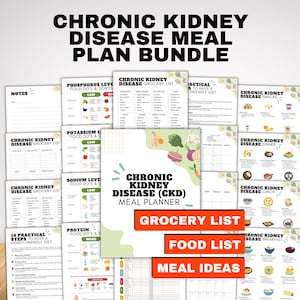 Puede incluir: Un paquete de hojas de plan de comidas imprimibles para la enfermedad renal crónica (ERC). Las hojas incluyen listas de compras, listas de alimentos e ideas de comidas. El título "Chronic Kidney Disease Meal Plan Bundle" está en la parte superior. Las palabras "Grocery List", "Food List" y "Meal Ideas" están en cajas naranjas.