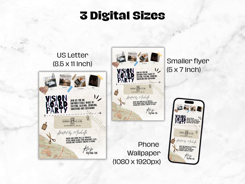 May include: A digital design featuring three sizes: US Letter (8.5 x 11 inches), a smaller flyer (5 x 7 inches), and a phone wallpaper (1080 x 1920px). The design includes the text "VISION BOARD PARTY" with decorative elements.