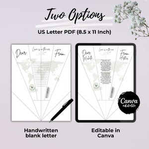 May include: Two printable options for a letter template with a world map design. The first option is a blank letter template for handwritten messages. The second option is an editable template in Canva. Both templates are 8.5 x 11 inches.