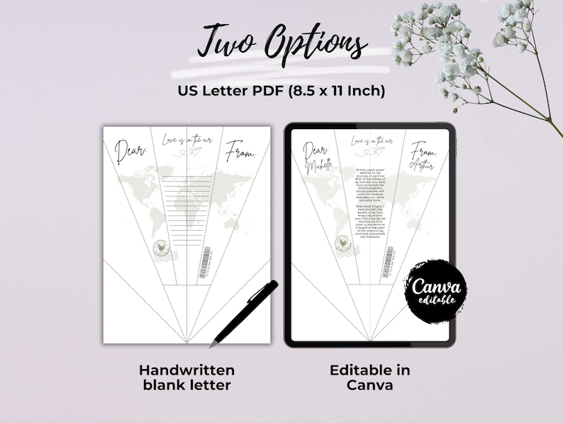 May include: Two printable options for a letter template with a world map design. The first option is a blank letter template for handwritten messages. The second option is an editable template in Canva. Both templates are 8.5 x 11 inches.