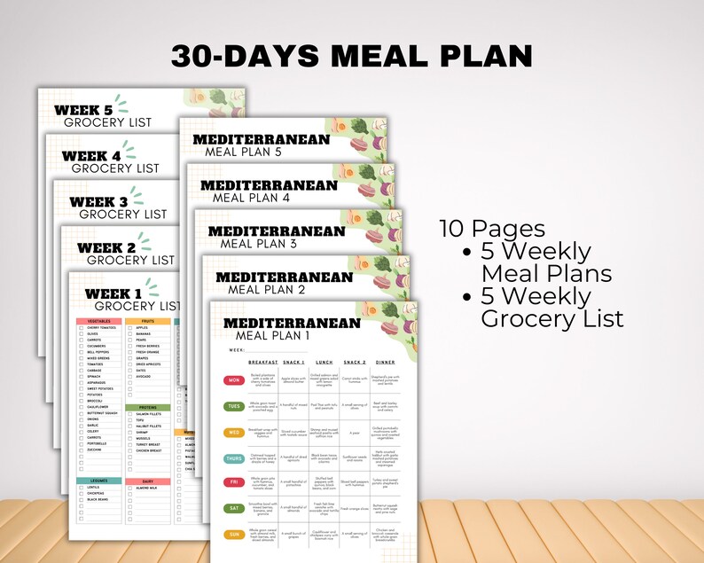 May include: A 30-day Mediterranean meal plan with 5 weekly meal plans and 5 weekly grocery lists. The meal plans are organized by day of the week and include breakfast, snack, lunch, snack, and dinner.