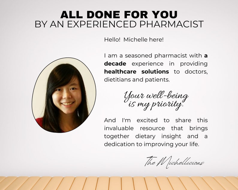 K&ouml;nnte beinhalten: Bild mit Text: "ALL DONE FOR YOU BY AN EXPERIENCED PHARMACIST". Es zeigt ein Foto einer l&auml;chelnden Frau und den Text "Hello! Michelle here!" und "Your well-being is my priority." Der Text "The Michelllicions" ist ebenfalls enthalten.