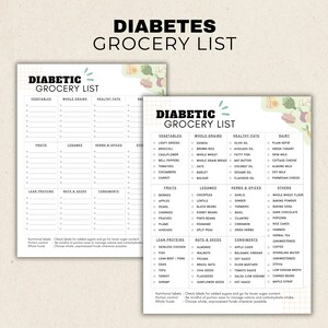 May include: A printable grocery list for people with diabetes. The list is divided into categories such as vegetables, fruits, whole grains, healthy fats, dairy, legumes, herbs & spices, lean proteins, nuts & seeds, condiments, and others. The list includes specific food items within each category.