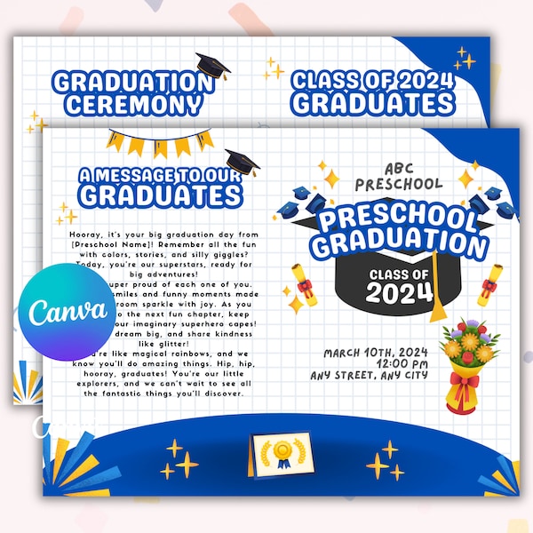 Editable Preschool Graduation Program, Kindergarten Elementary or Pre K Graduation Invite with Grad List, Ceremony Insert Teacher Resources
