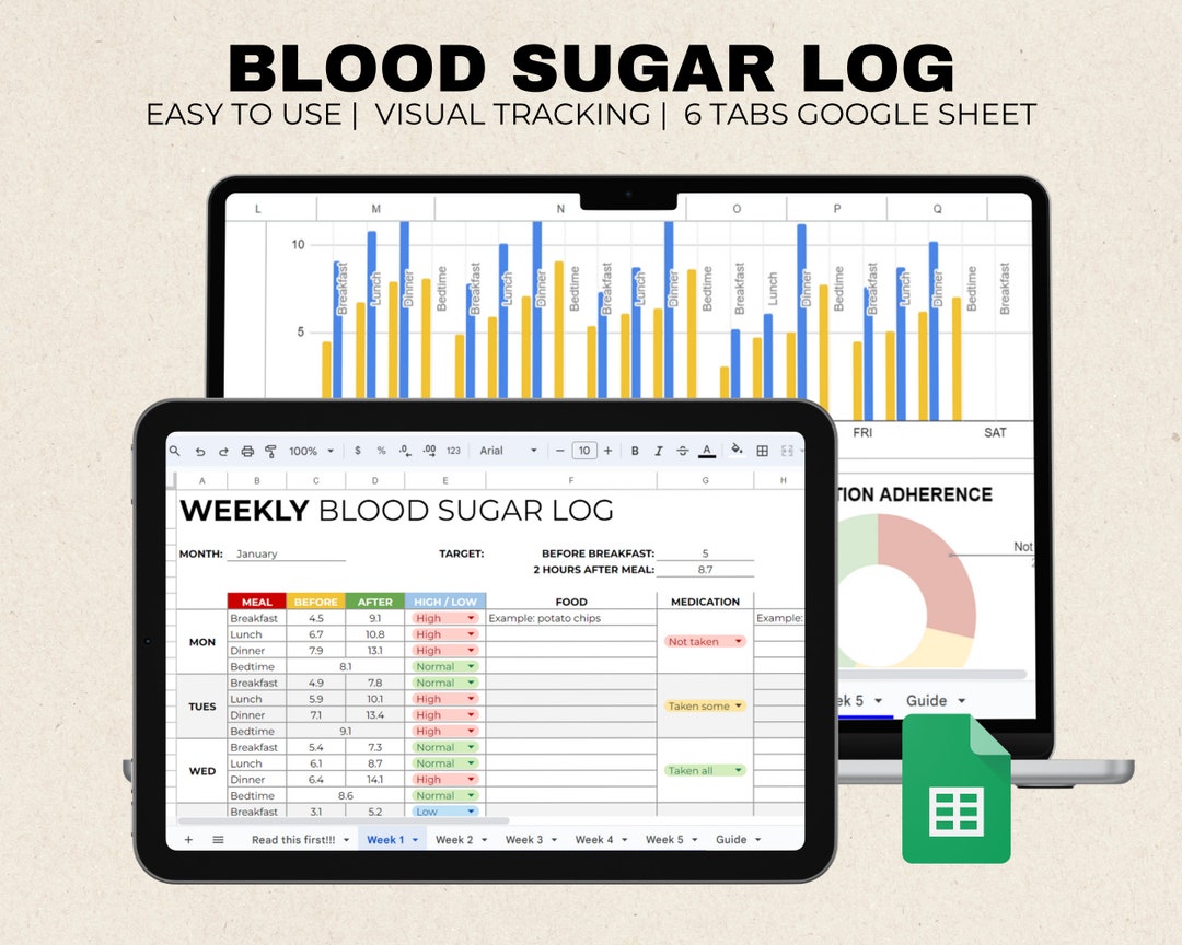 Blood Sugar Log Google Sheets & Digital Diabetic Blood Sugar Tracker