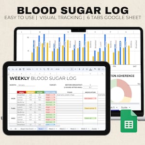 Registro della glicemia nel sangue Fogli Google e rilevatore digitale della glicemia per diabetici, conteggio dei carboidrati Foglio di calcolo Excel per tracciatore del glucosio nel piano alimentare per diabetici