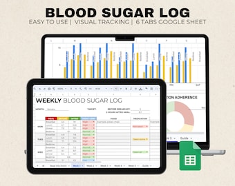 Puede incluir: Un registro digital de glucosa en sangre que se muestra en una computadora portátil y una tableta. La pantalla muestra un registro semanal con datos, gráficos y el texto "BLOOD SUGAR LOG". El icono de Google Sheets es visible. Se muestra el texto "EASY TO USE | VISUAL TRACKING | 6 TABS GOOGLE SHEET".