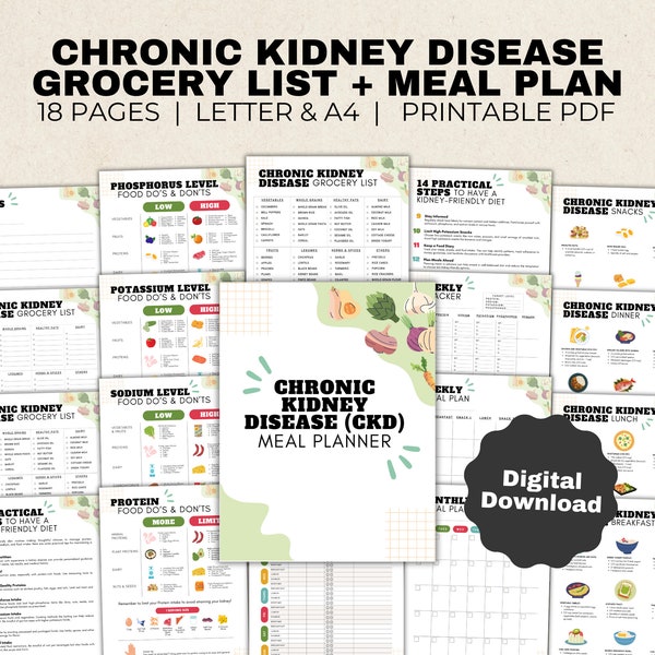 Kidney Diet and Grocery List, Chronic Kidney Disease meal planner with Low Protein Sodium Phosphorus Potassium Food List, Renal Diet Guide