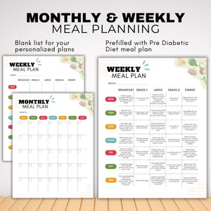 K&ouml;nnte beinhalten: Essensplanungs-Vorlagen mit dem Text "MONTHLY & WEEKLY MEAL PLANNING". Enth&auml;lt einen leeren Monatsplaner und einen Wochenessensplan mit vorgef&uuml;llten Optionen f&uuml;r eine pr&auml;diabetische Di&auml;t. Die Seiten sind wei&szlig; mit farbenfrohen Akzenten.