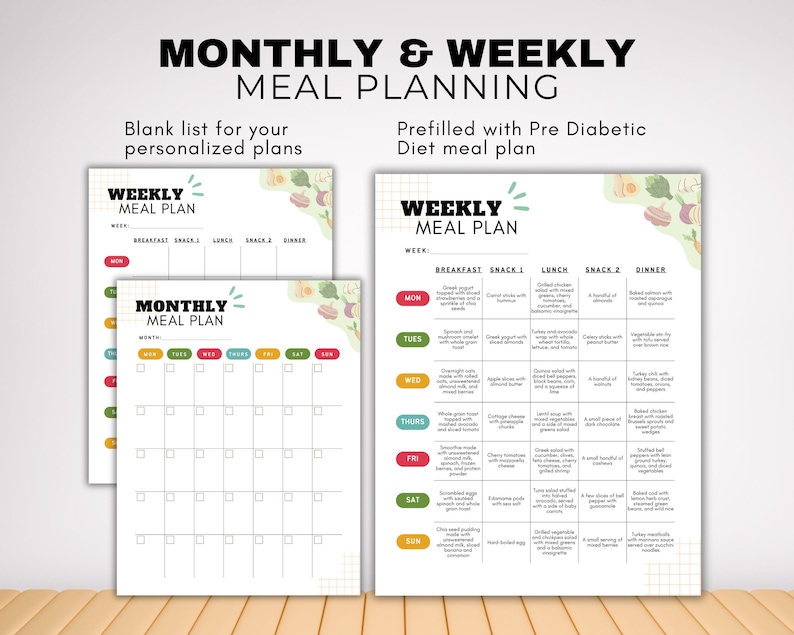 K&ouml;nnte beinhalten: Essensplanungs-Vorlagen mit dem Text "MONTHLY & WEEKLY MEAL PLANNING". Enth&auml;lt einen leeren Monatsplaner und einen Wochenessensplan mit vorgef&uuml;llten Optionen f&uuml;r eine pr&auml;diabetische Di&auml;t. Die Seiten sind wei&szlig; mit farbenfrohen Akzenten.