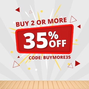 May include: A red and white sale banner with a white background and yellow rays. The banner reads "BUY 2 OR MORE 35% OFF" and "CODE: BUYMORE35".