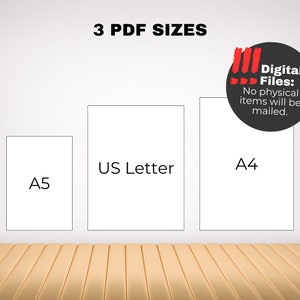 May include: Three white rectangles on a gray wall, labeled "A5", "US Letter", and "A4". A black circle with red text says "Digital Files: No physical items will be mailed."