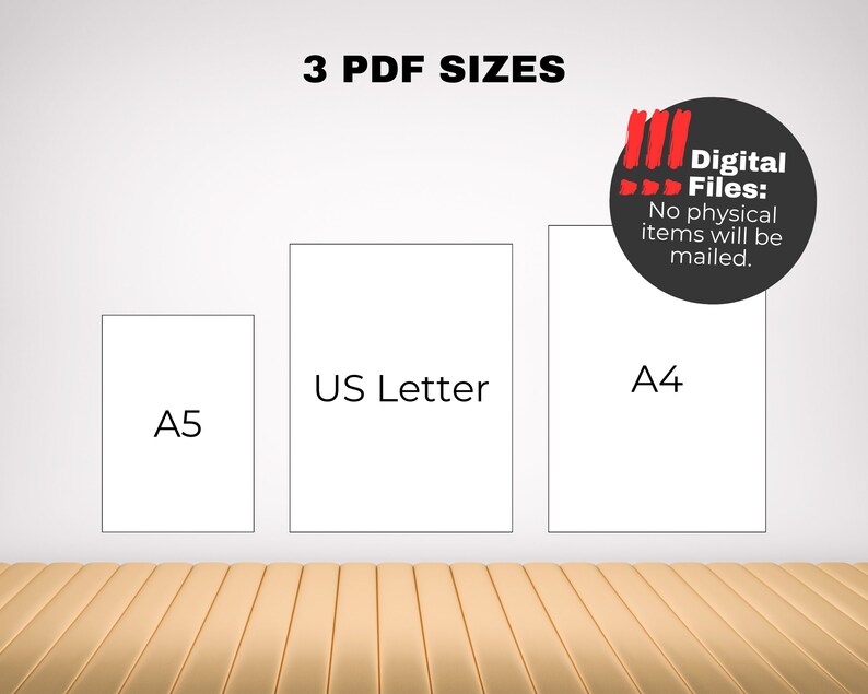 May include: Three white rectangles on a gray wall, labeled "A5", "US Letter", and "A4". A black circle with red text says "Digital Files: No physical items will be mailed."