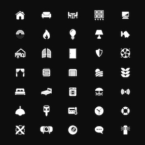 May include: A series of white icons on a black backdrop, depicting diverse objects and concepts. Icons include a house, sofa, table, window, computer, rainbow, flame, lightbulb, lamp, and a hand.
