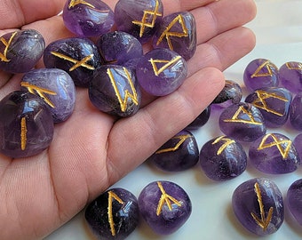 Natural Amethyst Rune Set with Bag, Stone Viking Runes