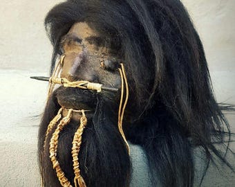 Shrunken Head, Real Leather and Hair, Oddities, Curiosities, 5 Inch