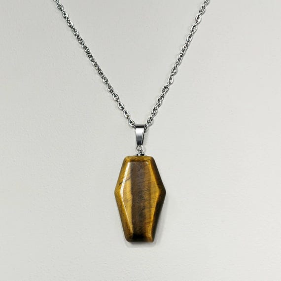 Tiger's Eye Gemstone Coffin Necklace, Gothic Pendant