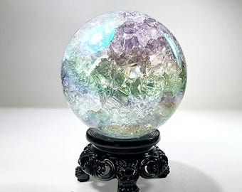 80mm Crackle Aurora Crystal Ball, Rainbow Glass Sphere, 3.15 Inch