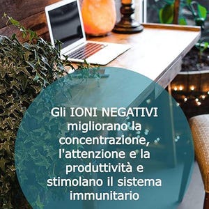 Puede incluir: Un port&aacute;til est&aacute; sobre un escritorio de madera junto a una l&aacute;mpara de sal del Himalaya. La l&aacute;mpara es un gran cristal de color naranja. El texto de la imagen dice: Los iones negativos mejoran la concentraci&oacute;n, la atenci&oacute;n, la productividad y estimulan el sistema inmunol&oacute;gico.