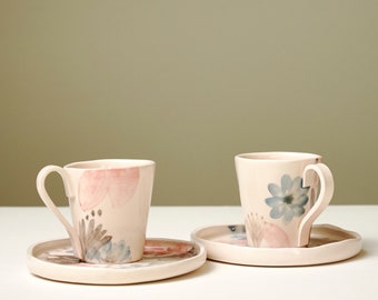 Lot de 2 tasses à café en céramique à motifs de fleurs faites main | Tasse à expresso et à café en céramique de 3 oz | Tasse à thé en céramique faite main