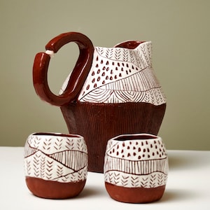 Handmade Sgraffito Red Mud Jug and Glass Set: Rustic Ceramic Art