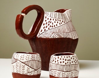 Sigrafitto Red Mud Serving Jug and Glass Set | Handmade Pottery Jug | Decorative Jug Set | Rustic Jug Set | Ceramic Osoka Art | Art Gift