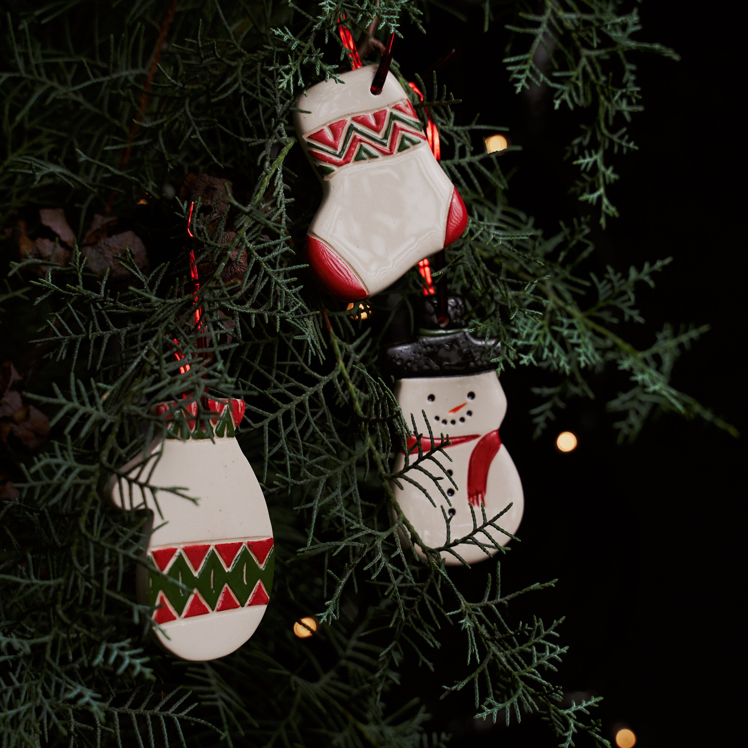 Handmade Ceramic Christmas Ornaments: Snowman, Mitten, Sock - Set of 3