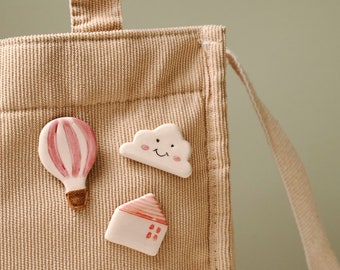 Minimalistische Keramik Pin Broschen | Natur Inspirierte Keramik Pin Broschen | Niedliche Wolke, Ballon und Haus Pin Brosche Set